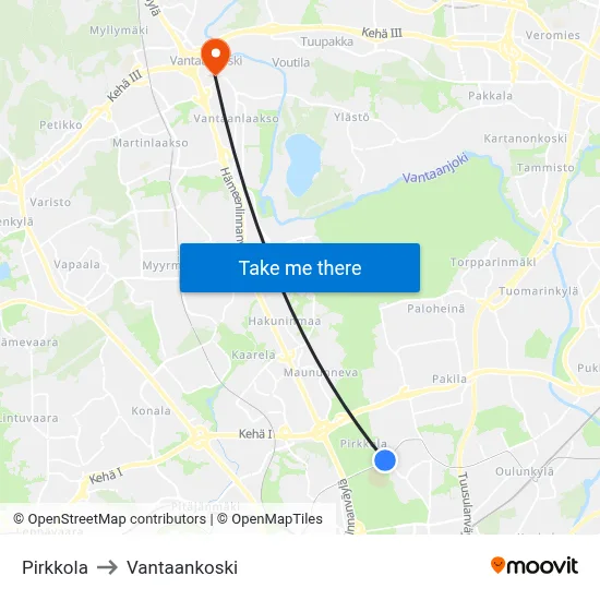 Pirkkola to Vantaankoski map