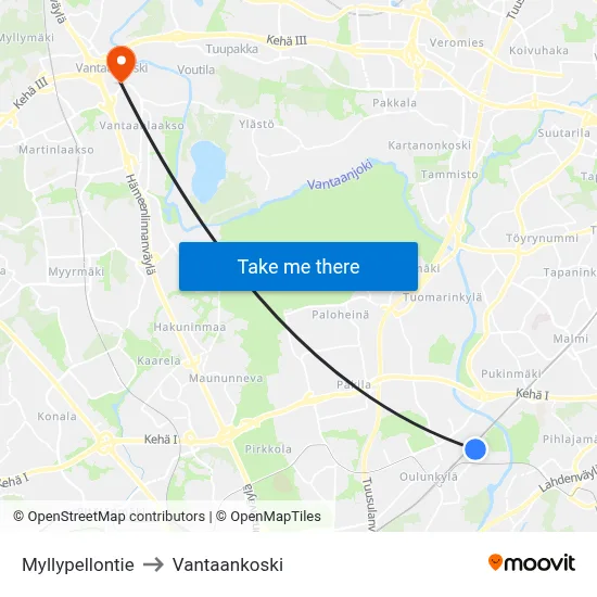 Myllypellontie to Vantaankoski map