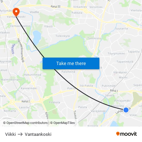 Viikki to Vantaankoski map