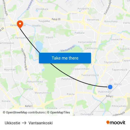 Ukkostie to Vantaankoski map