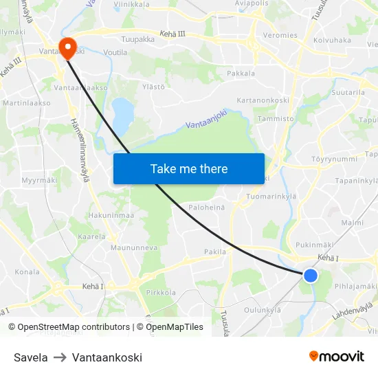 Savela to Vantaankoski map