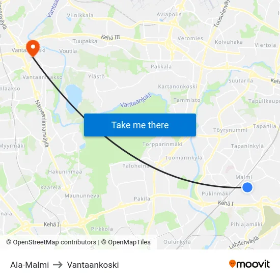 Lower Malmi to Vantaankoski map
