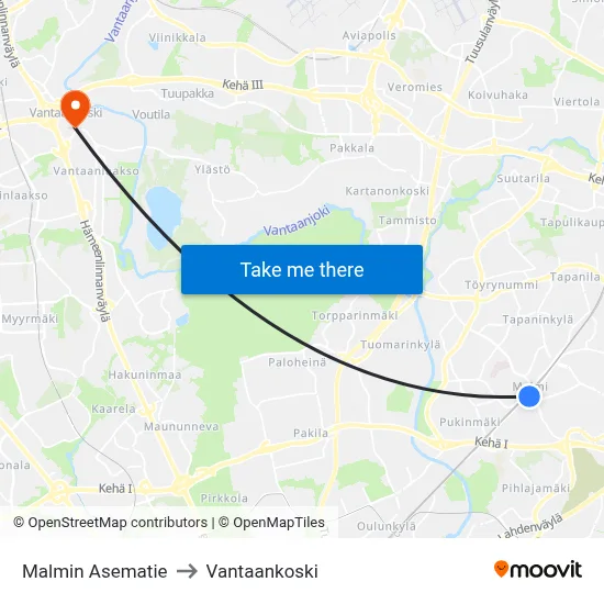 Malmi Station Road to Vantaankoski map