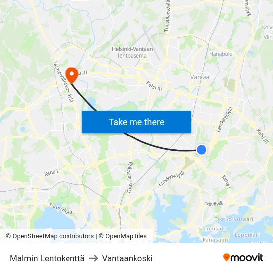 Malmi Airport to Vantaankoski map