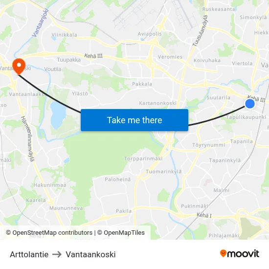 Arttola Road to Vantaankoski map