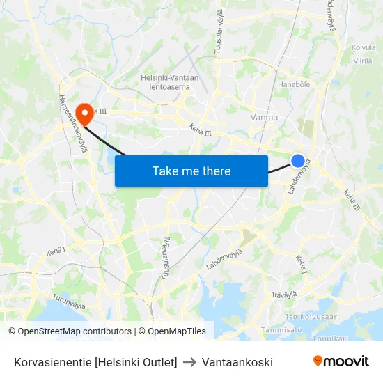 Korvasieni Road [Helsinki Outlet] to Vantaankoski map