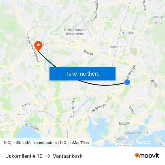 10 Jakomäentie to Vantaankoski map