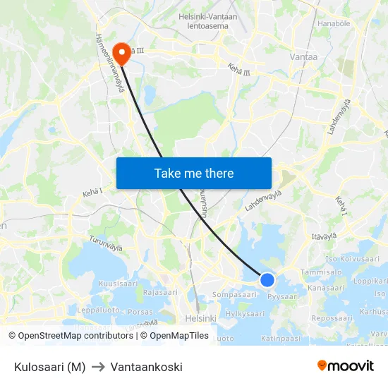 Kulosaari (M) to Vantaankoski map