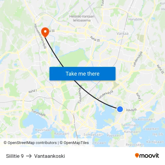 Siilitie 9 to Vantaankoski map