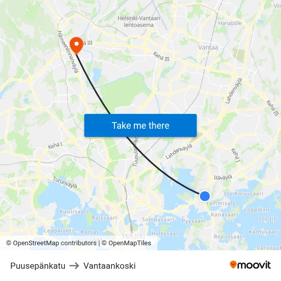 Puusepänkatu to Vantaankoski map