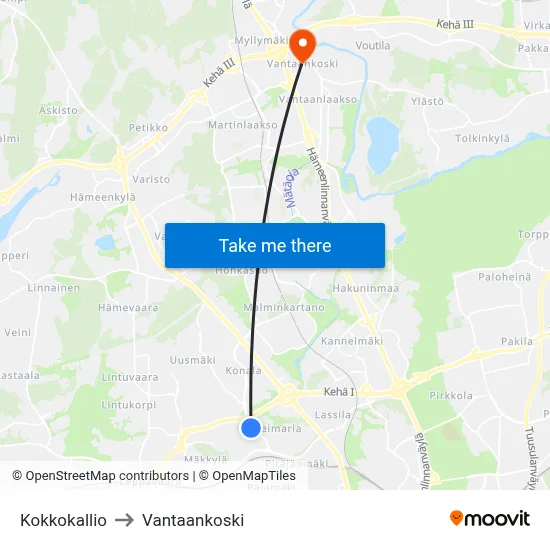 Kokkokallio to Vantaankoski map