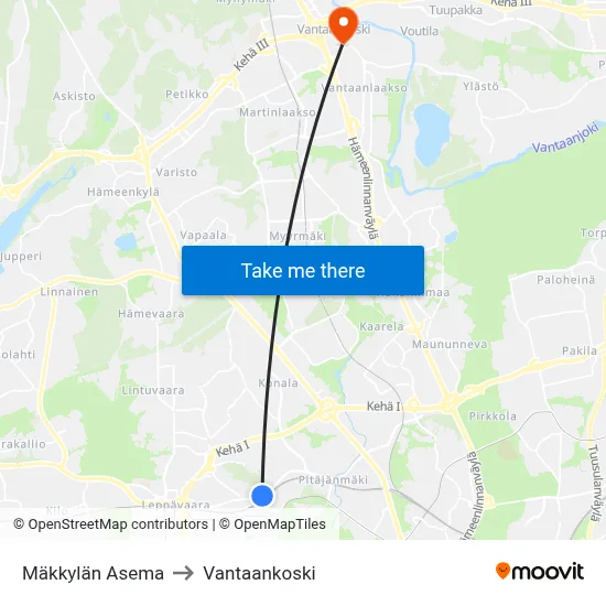 Mäkkylä Station to Vantaankoski map
