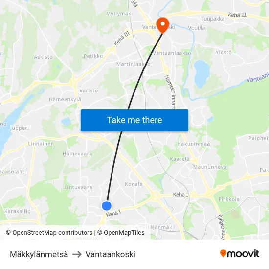 Mäkkylä Forest to Vantaankoski map