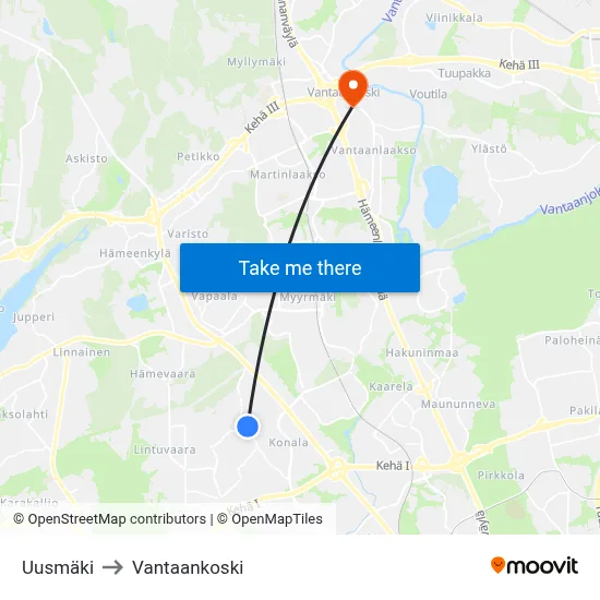 Uusmäki to Vantaankoski map