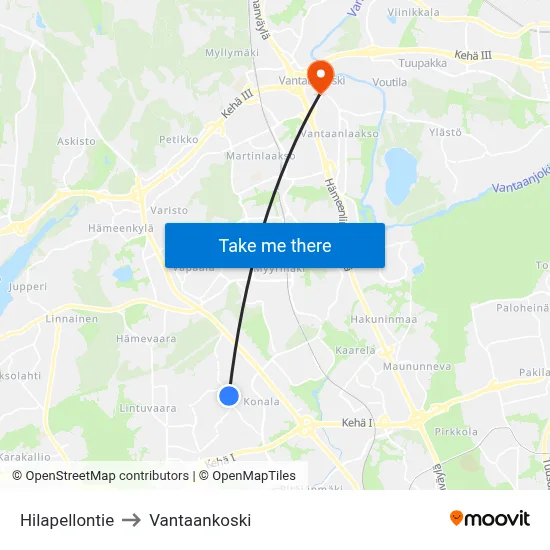 Hilapelto Road to Vantaankoski map