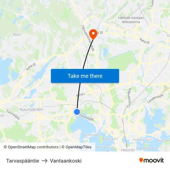Tarvaspää Road to Vantaankoski map