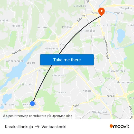 Karakallio Lane to Vantaankoski map