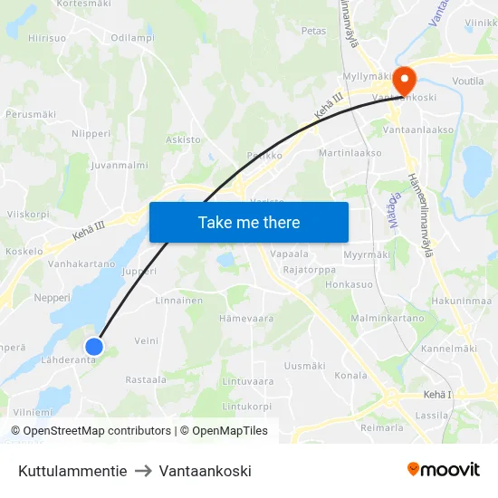 Kuttulampi Road to Vantaankoski map