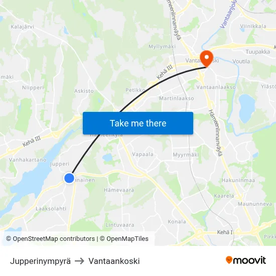 Jupperi Circle to Vantaankoski map