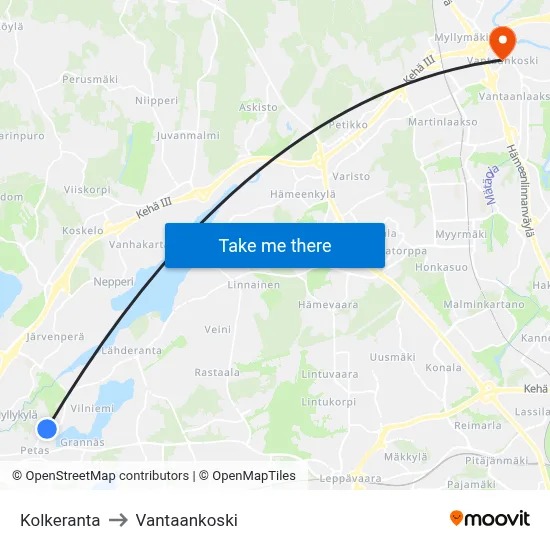 Kolkeranta to Vantaankoski map