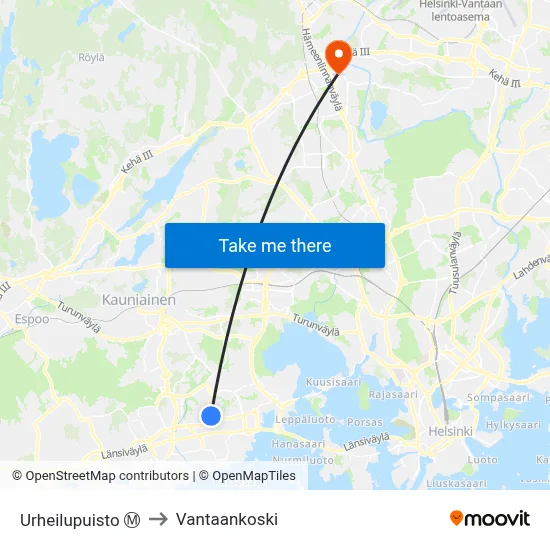 Urheilupuisto Ⓜ️ to Vantaankoski map