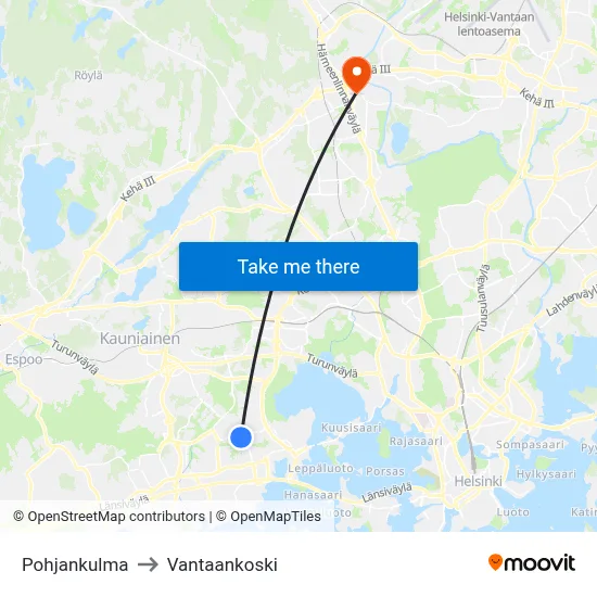Pohjankulma to Vantaankoski map