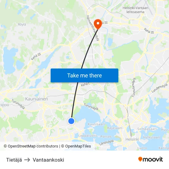 Tietaja to Vantaankoski map