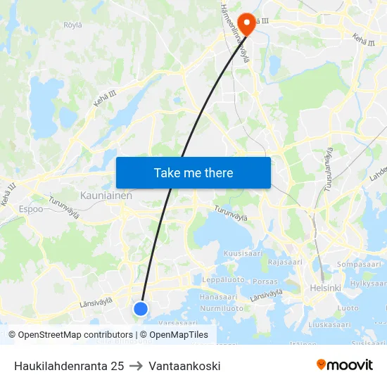 Haukilahti Shore 25 to Vantaankoski map