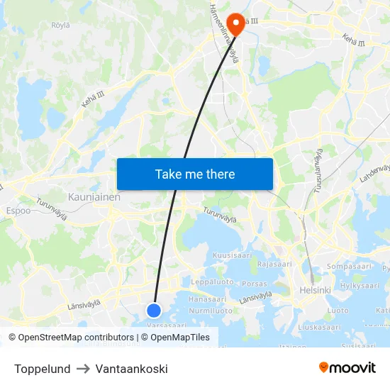 Toppelund to Vantaankoski map
