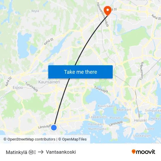 Matinkylä Ⓜ️🛍️ to Vantaankoski map