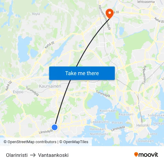 Olari Cross to Vantaankoski map