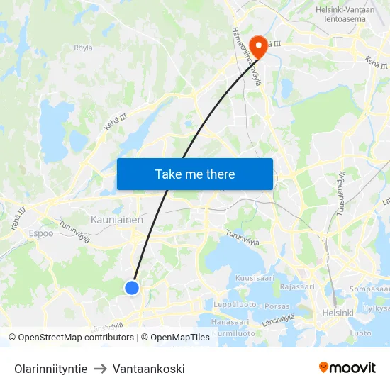 Olarinniitty Road to Vantaankoski map