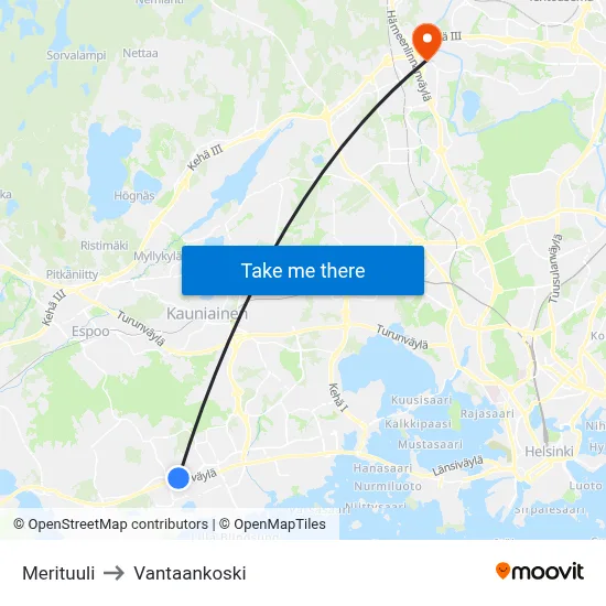 Merituuli to Vantaankoski map