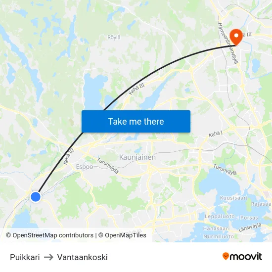 Puikkari to Vantaankoski map