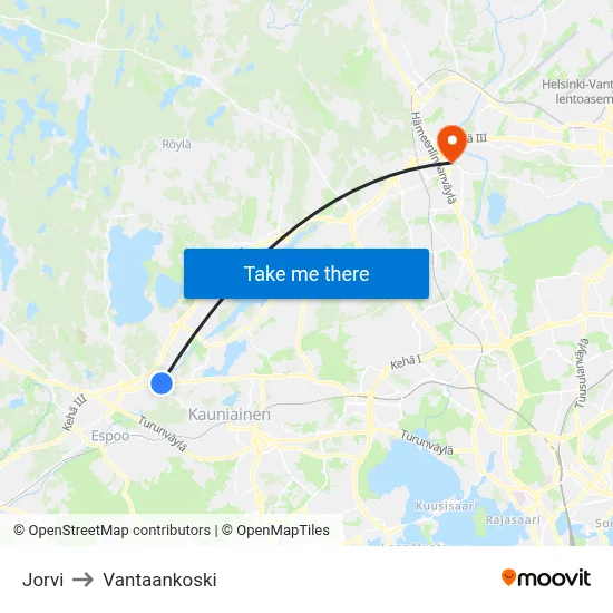 Jorvi to Vantaankoski map