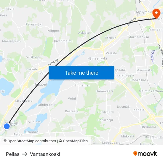 Pellas to Vantaankoski map
