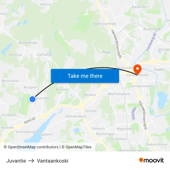 Juvantie to Vantaankoski map
