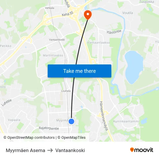 Myyrmäki Station to Vantaankoski map