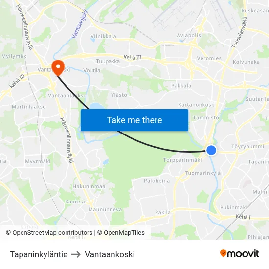 Tapaninkyla Road to Vantaankoski map