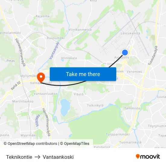 Teknikontie to Vantaankoski map