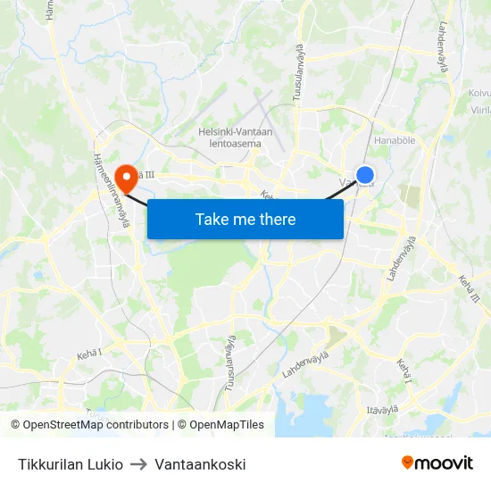 Tikkurila High School to Vantaankoski map