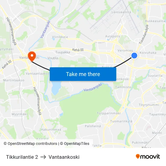 Tikkurilantie 2 to Vantaankoski map