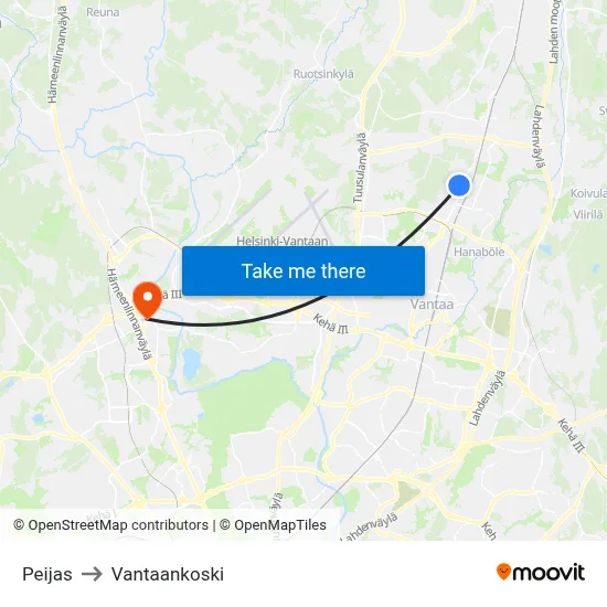 Peijas to Vantaankoski map