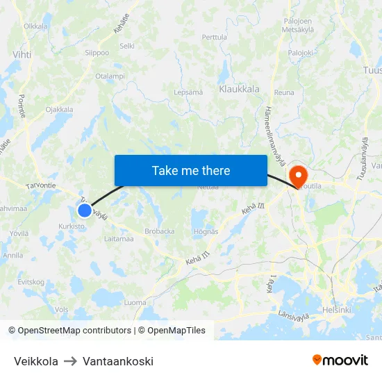 Veikkola to Vantaankoski map