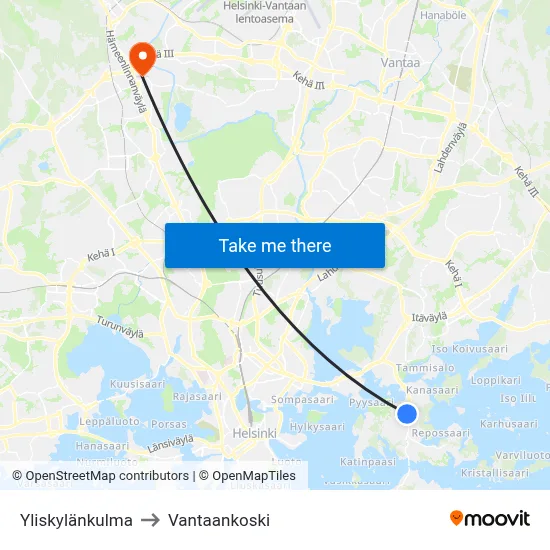 Yliskylänkulma to Vantaankoski map