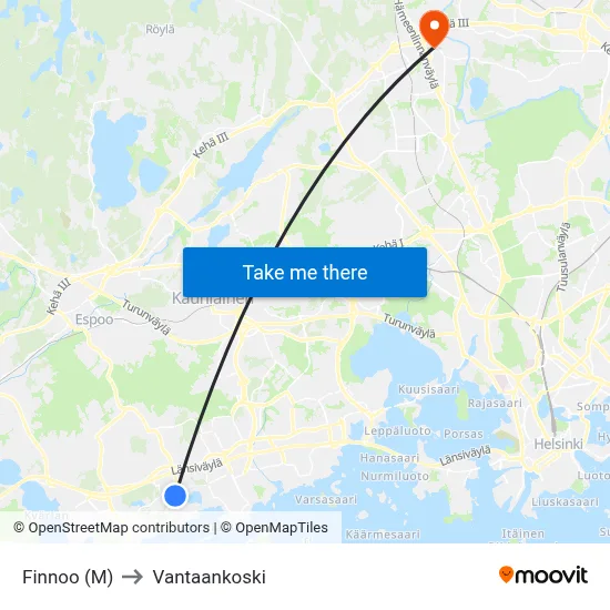 Finnoo (Metro) to Vantaankoski map