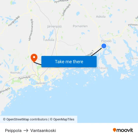 Peippola to Vantaankoski map
