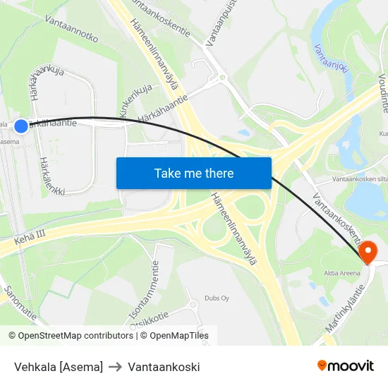 Vehkala Station to Vantaankoski map