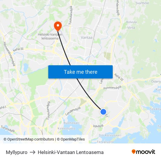 Myllypuro to Helsinki-Vantaan Lentoasema map