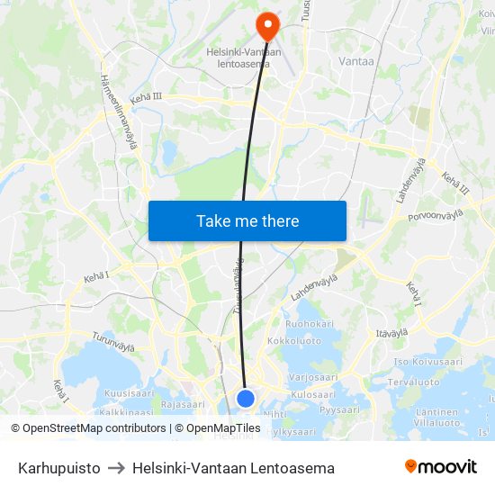 Karhupuisto to Helsinki-Vantaan Lentoasema map